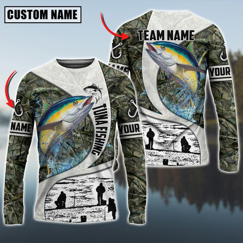 Maxcorners Tuna Fishing Camo Forest Scene Personalized Name, Team Name Long Sleeve Shirt