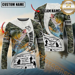 Maxcorners Walleye Fishing Camo Forest Scene Personalized Name, Team Name Long Sleeve Shirt