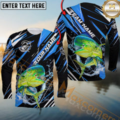Maxcorners Mahi-Mahi Fishing Blue Power Surge Personalized Name, Team Name Long Sleeve Shirt