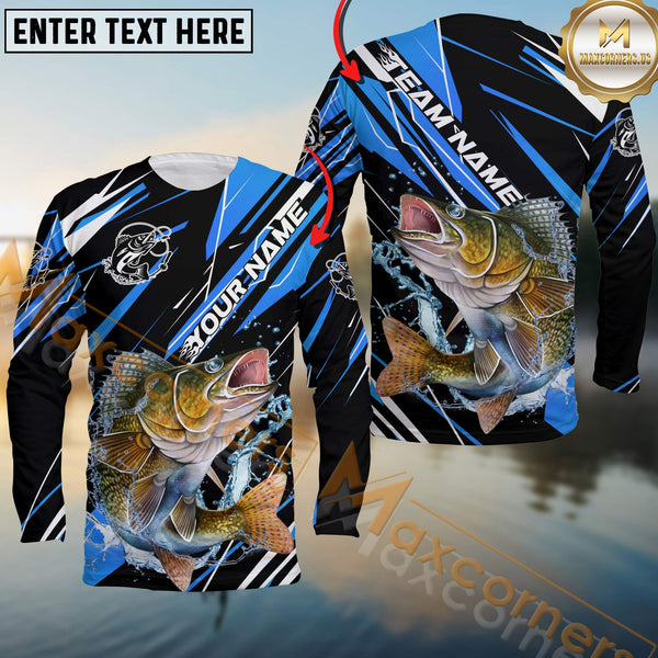 Maxcorners Walleye Fishing Blue Power Surge Personalized Name, Team Name Long Sleeve Shirt
