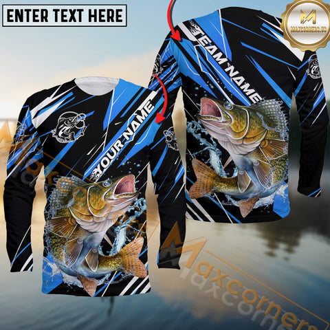 Maxcorners Walleye Fishing Blue Power Surge Personalized Name, Team Name Long Sleeve Shirt