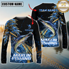 Maxcorners Marlin Fishing Hooked Jump Splash Personalized Name, Team Name Long Sleeve Shirt