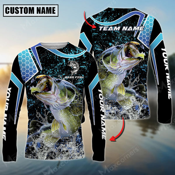 Maxcorners Bass Fishing Blue Black Pattern Sun Protection Personalized Name Team Name 3D Shirts