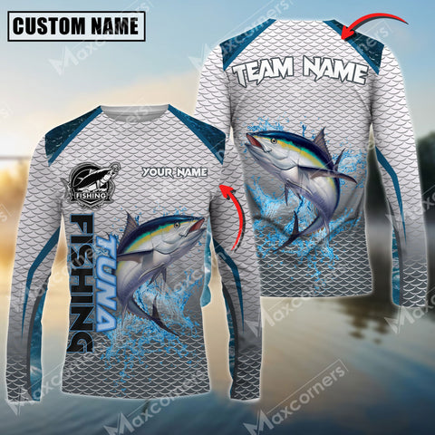 Maxcorners Tuna Fishing White Fin Water Sport Pattern Sun Protection Personalized Name Team Name 3D Shirts