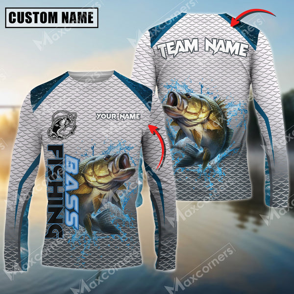 Maxcorners Bass Fishing White Fin Water Sport Pattern Sun Protection Personalized Name Team Name 3D Shirts