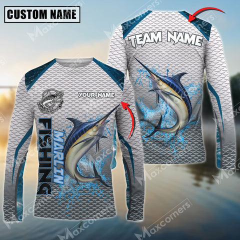 Maxcorners Marlin Fishing White Fin Water Sport Pattern Sun Protection Personalized Name Team Name 3D Shirts