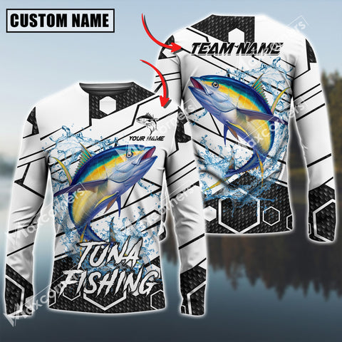 Maxcorners Tuna Fishing White Gray Black Hexagon Pattern Sun Protection Personalized Name Team Name 3D Shirts