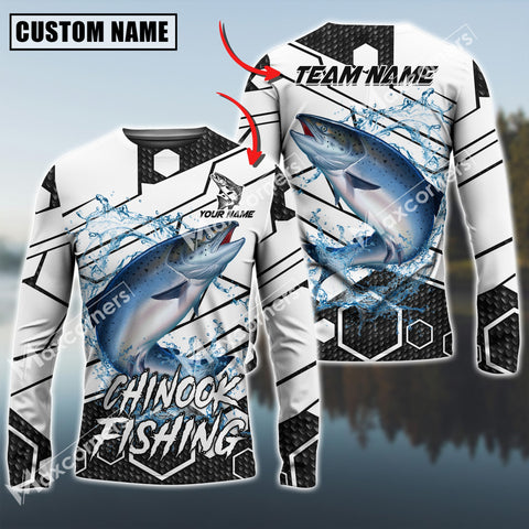 Maxcorners Chinook Fishing White Gray Black Hexagon Pattern Sun Protection Personalized Name Team Name 3D Shirts