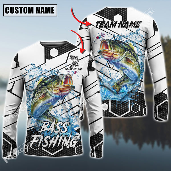 Maxcorners Bass Fishing White Gray Black Hexagon Pattern Sun Protection Personalized Name Team Name 3D Shirts