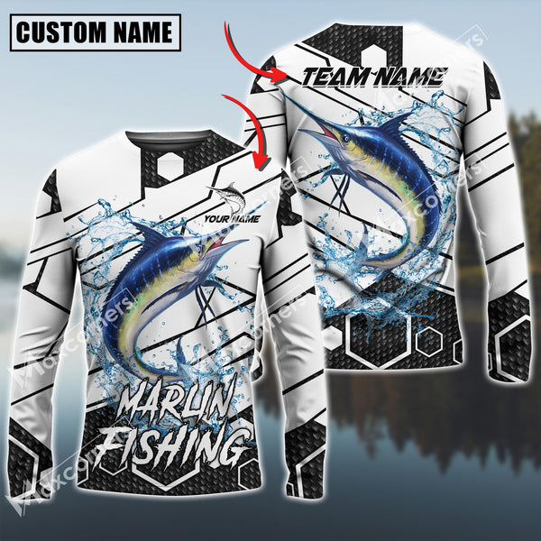 Maxcorners Marlin Fishing White Gray Black Hexagon Pattern Sun Protection Personalized Name Team Name 3D Shirts