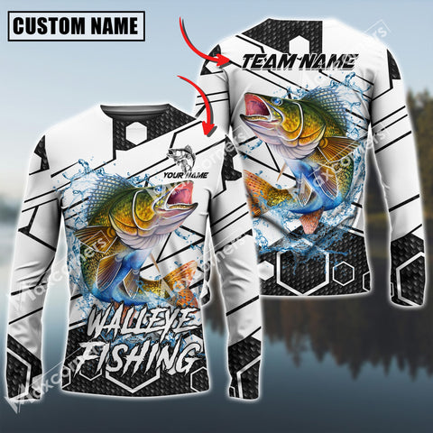 Maxcorners Walleye Fishing White Gray Black Hexagon Pattern Sun Protection Personalized Name Team Name 3D Shirts