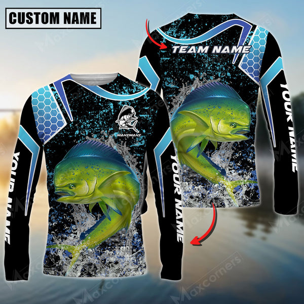 Maxcorners Mahi-Mahi Fishing Blue Black Pattern Sun Protection Personalized Name Team Name 3D Shirts