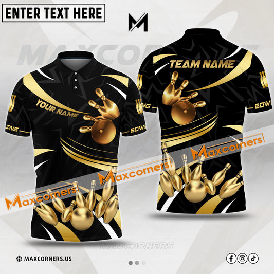 Maxcorners Bowling & Pins Ultimate Golden Premium Pattern Multicolor Option Customized Name, Team Name 3D Polo Shirt (4 Colors)