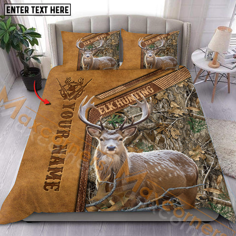 Maxcorners Custom Name Elk Hunting Leather Pattern Bedding Set 3D All Over Printed