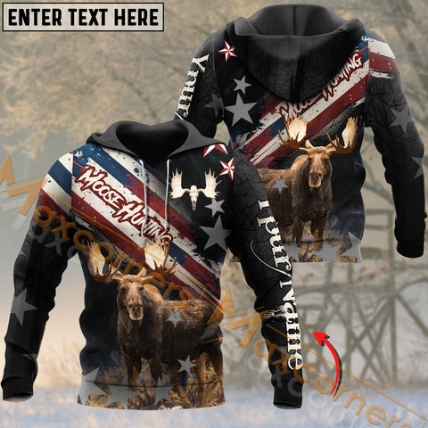 Maxcorners Wilderness Moose Hunting USA Flag  PatterCustom Name Shirt 3D All Over Printed Clothes