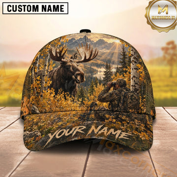 Maxcorners Hunting Moose And Bear Golden Autumn Forest Personalized Name 3D Cap