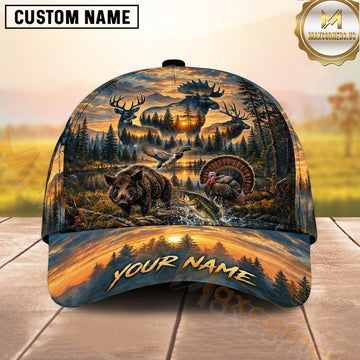 Maxcorners Hunting Woodland Wildlife Golden Marsh Panorama Personalized Name 3D Cap