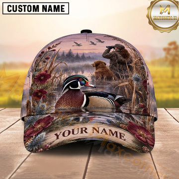 Maxcorners Hunting Wood Duck Muted Rose Wildlife Collage Personalized Name 3D Cap