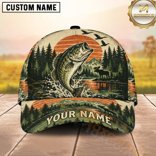 Maxcorners Hunting Largemouth Bass Vintage Forest Lake Personalized Name 3D Cap