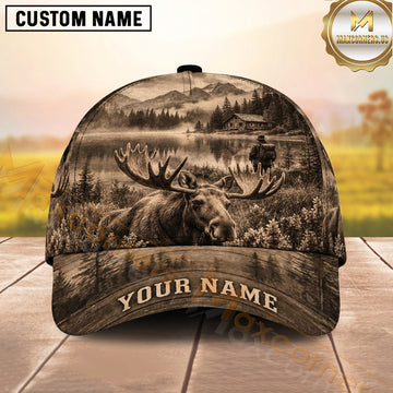 Maxcorners Hunting Bull Moose Sepia Mountain Lake Personalized Name 3D Cap
