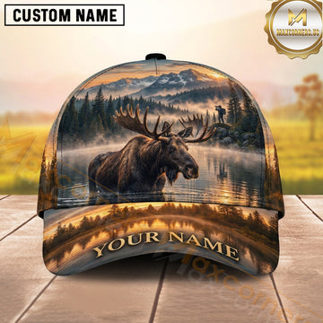 Maxcorners Hunting Bull Moose Golden Mist Lake Reflection Personalized Name 3D Cap