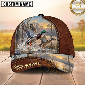 Maxcorners Hunting Mallard Duck Brown Leather Look Marsh Scene Personalized Name 3D Cap