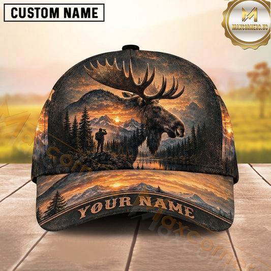 Maxcorners Hunting Bull Moose Fiery Woodland Sunset Personalized Name 3D Cap