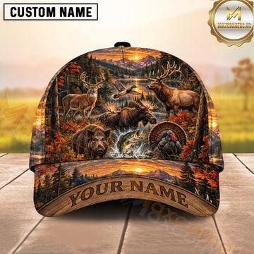 Maxcorners Hunting Woodland Wildlife Glowing Copper Forest Collage Personalized Name 3D Cap