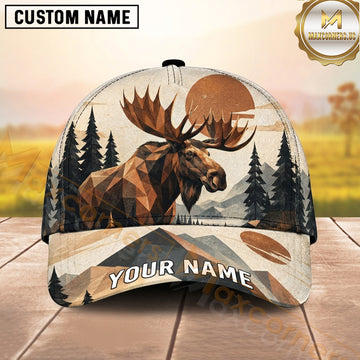 Maxcorners Hunting Bull Moose Geometric Low Poly Orange Sun Personalized Name 3D Cap