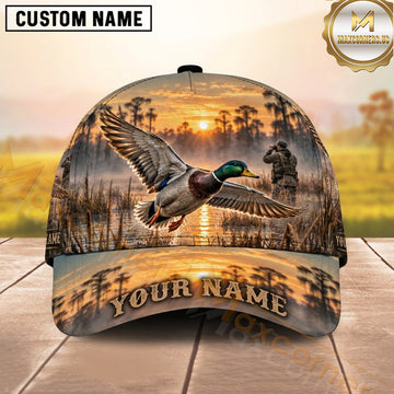 Maxcorners Hunting Mallard Duck Golden Wetland Sunrise Personalized Name 3D Cap