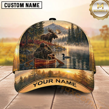Maxcorners Hunting Moose And Canoe Misty Wilderness Lake Personalized Name 3D Cap