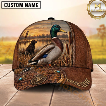 Maxcorners Hunting Mallard Duck Brown Tooled Leather Marsh Personalized Name 3D Cap