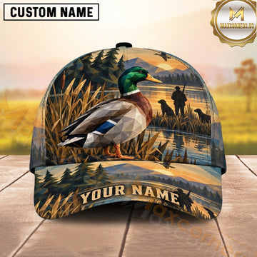 Maxcorners Hunting Mallard Duck Golden Reeds Pine Border Personalized Name 3D Cap