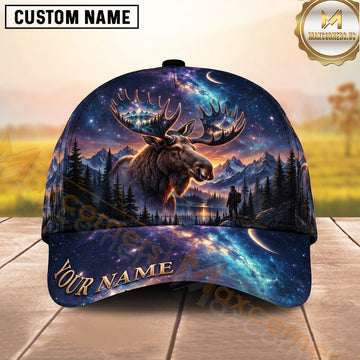 Maxcorners Hunting Bull Moose Cosmic Blue Starry Wilderness Personalized Name 3D Cap