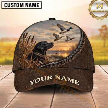Maxcorners Hunting Labrador Duck Hunting Curved Leather Sunset Frame Personalized Name 3D Cap
