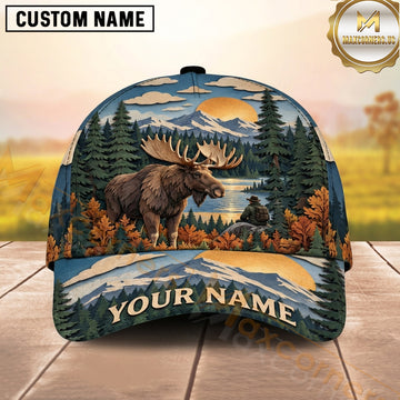 Maxcorners Hunting Bull Moose Autumn Lake Blue Sky Personalized Name 3D Cap