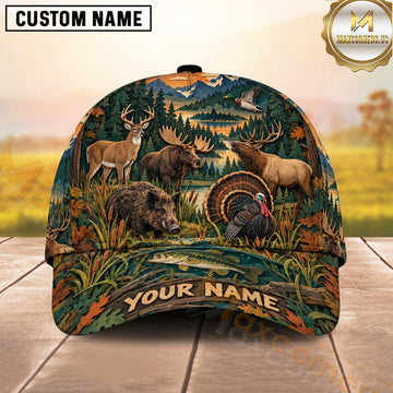 Maxcorners Hunting Woodland Wildlife Illustrated Evergreen Camo Personalized Name 3D Cap