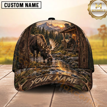 Maxcorners Hunting Bull Moose Rocky Creek Forest Sunset Personalized Name 3D Cap