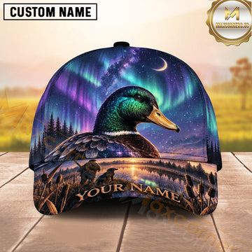 Maxcorners Hunting Mallard Duck Purple Aurora Crescent Moon Personalized Name 3D Cap