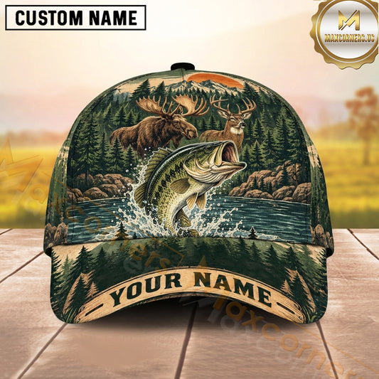 Maxcorners Hunting Largemouth Bass Woodland Wildlife Collage Personalized Name 3D Cap