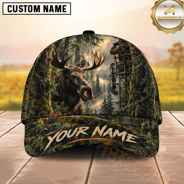 Maxcorners Hunting Bull Moose Mossy Forest Sunlight Personalized Name 3D Cap