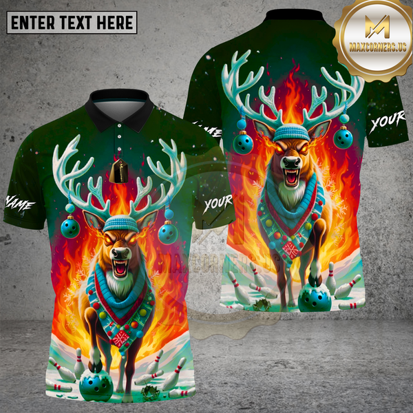 Maxcorners Bowling Shirt Reindeer Bowling Fire Christmas Scene Multi Options Personalized Name, Team Name 3D Shirt
