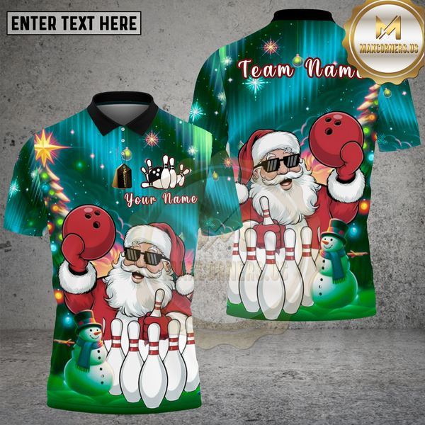 Maxcorners Bowling Shirt Santa Claus Bowling Snowman Festival Multi Options Personalized Name, Team Name 3D Shirt
