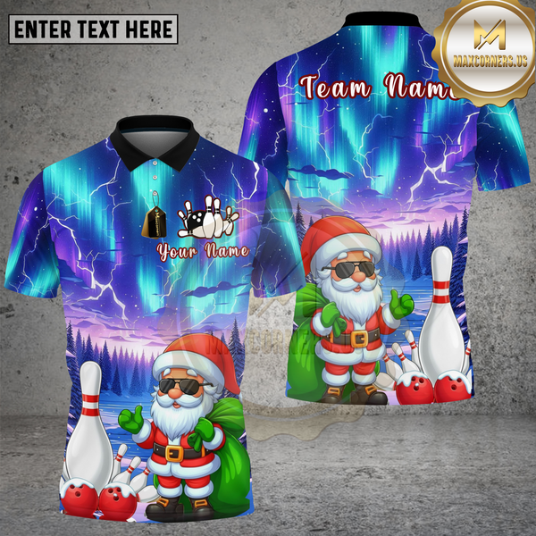 Maxcorners Bowling Shirt Santa Bowling Aurora Night Sky Multi Options Personalized Name, Team Name 3D Shirt