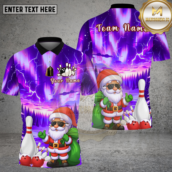 Maxcorners Bowling Shirt Santa Bowling Aurora Night Sky Multi Options Personalized Name, Team Name 3D Shirt