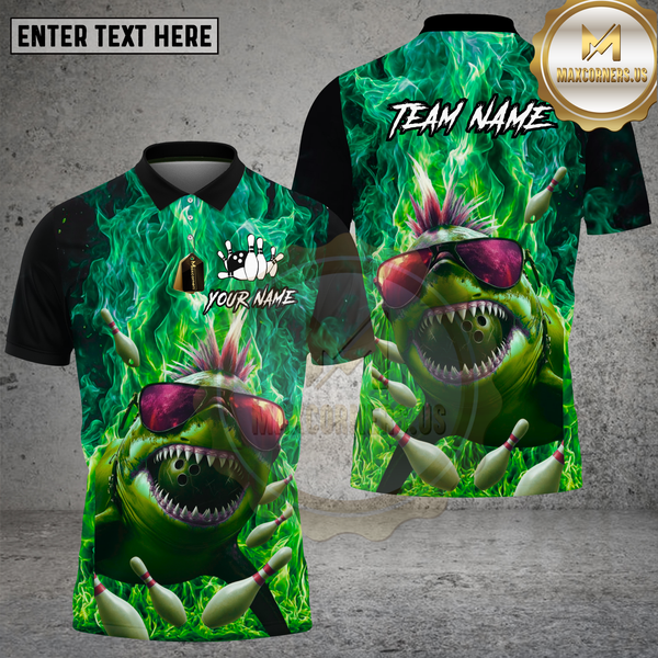 Maxcorners Bowling Shirt Punk Shark Bowling Fire Flame Multi Options Personalized Name, Team Name 3D Shirt