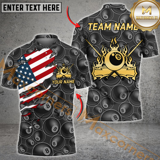 Maxcorners Billiard Golden 8 Ball Flames American Flag Ripped Multicolor Options Personalized Name, Team Name 3D Shirt (4 Colors)