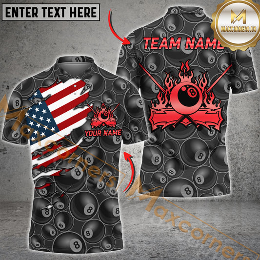 Maxcorners Billiard Golden 8 Ball Flames American Flag Ripped Multicolor Options Personalized Name, Team Name 3D Shirt (4 Colors)
