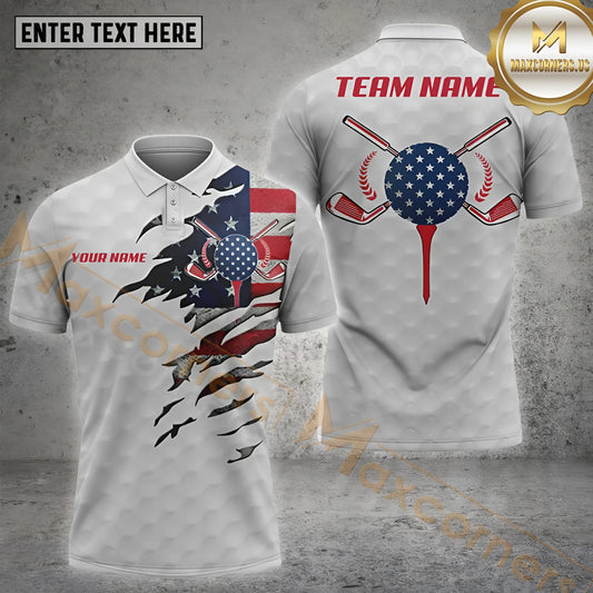 Maxcorners Golf Flag Of USA Pattern Customized Name, Team Name Shirts Style 18