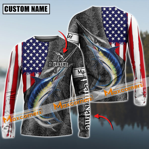 Maxcorner Marlin Fishing USA Skull Fish Pattern Personalized 3D Long Sleeve Shirt